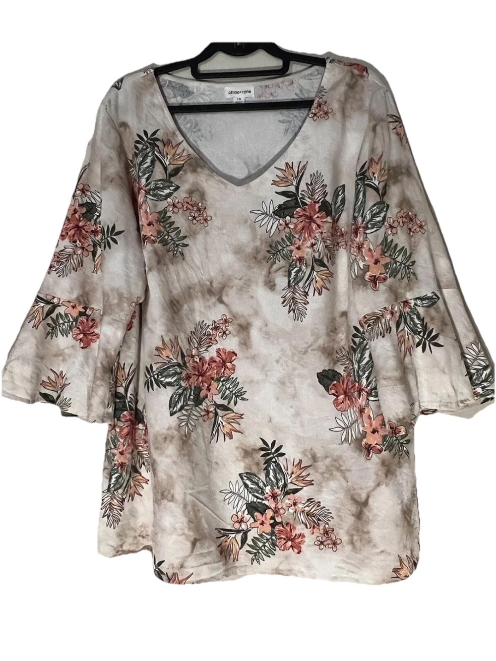 Chloe & Rene Floral Linen Spring Tunic Top Sz 1X Flutter Sleeves V-Neck Boho